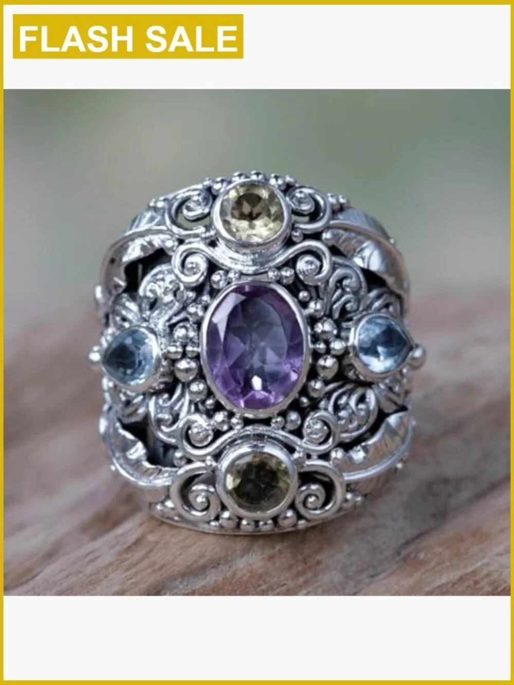 Handcrafted Sterling Silver Butterfly Ring with Amethyst & Topaz